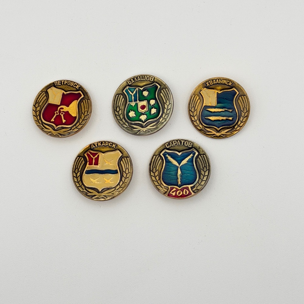 Soviet Russian City Heraldry Lapel Pin Set Multi Enamel Vintage 5pc
